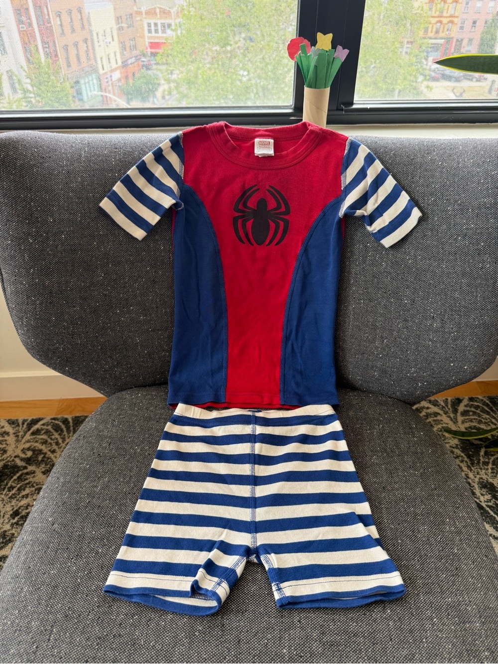 Kids Marvel Spiderman Graphic PJ Set - Red & Navy with Striped Shorts